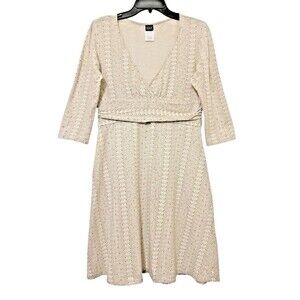 PATAGONIA Oyster Beige Floral Margot Dress 3/4 Sleeve V-Neck Organic Cotton Sz L